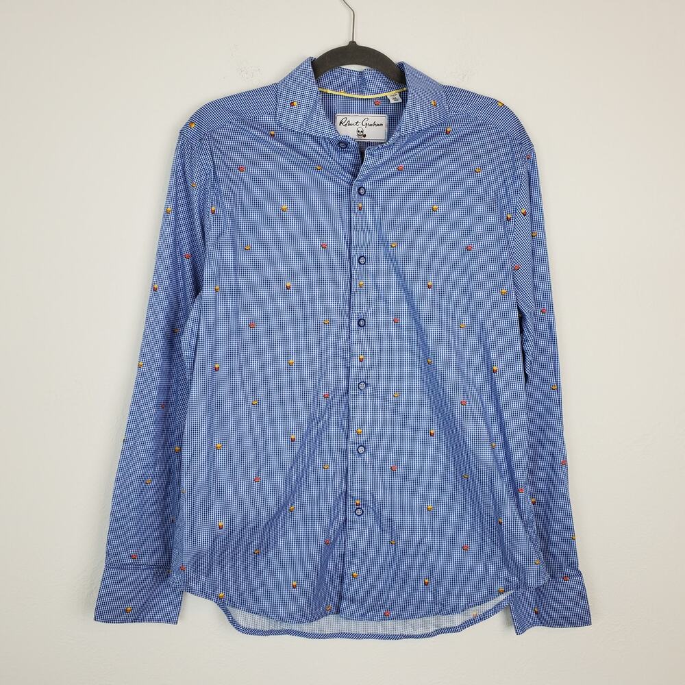 Robert Graham Shirt Tailored Fit Gingham Plaid Fast Food Novelty Print Blue
